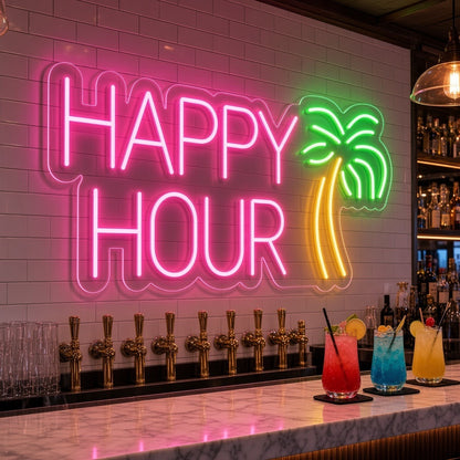 Happy Hour Palm Tree LED Neon Sign - advertising view