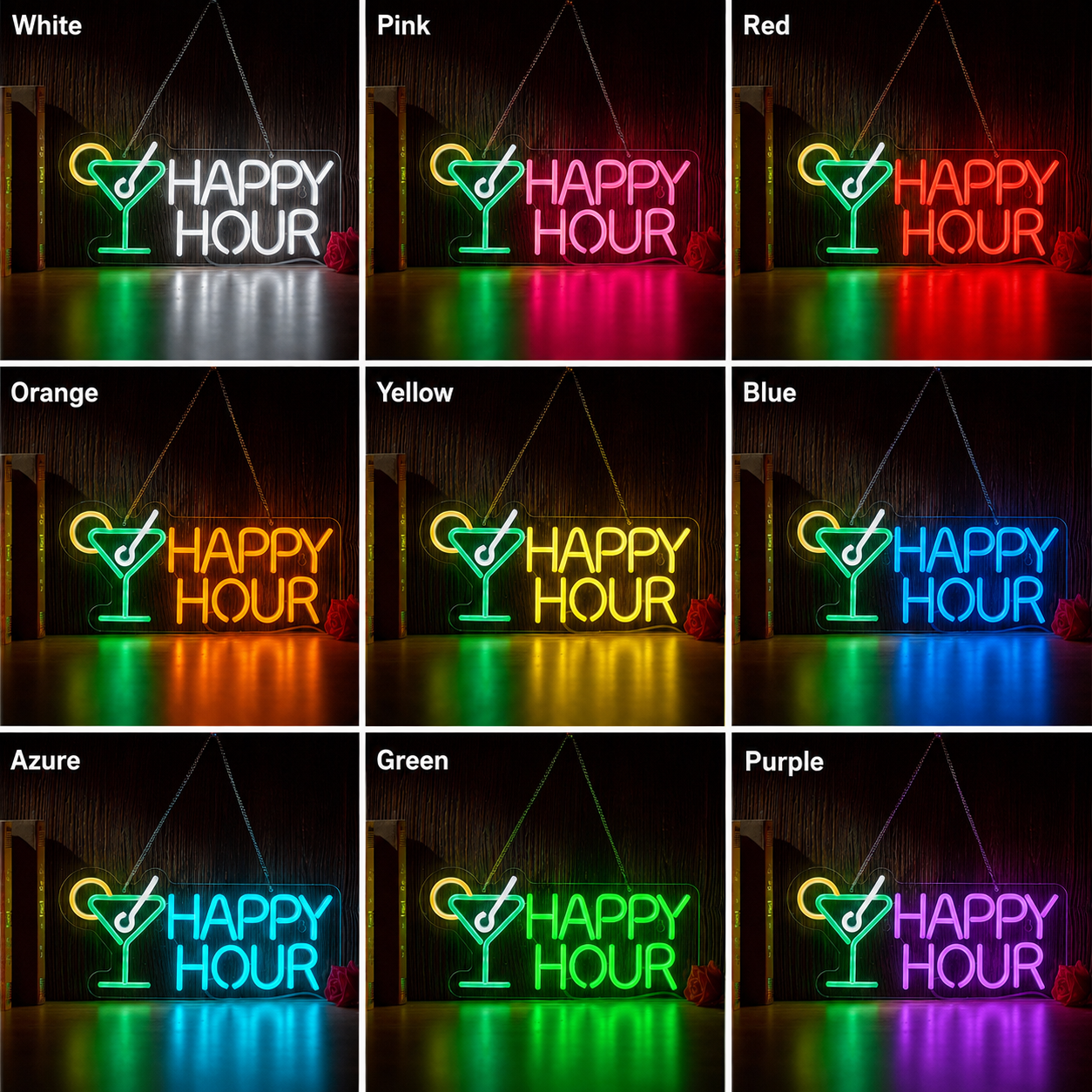 Happy Hour With A Martini Glass LED Neon Sign color grid