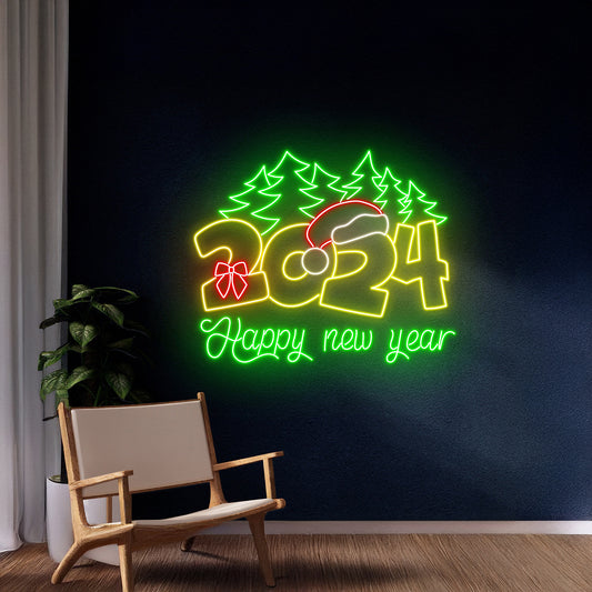 Happy New Year 2024 Neon Sign Christmas Room Wall Art Decor