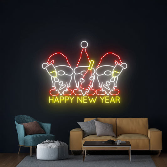 Happy New Year Gnome Champagne Cheer Neon Sign Wall Decor