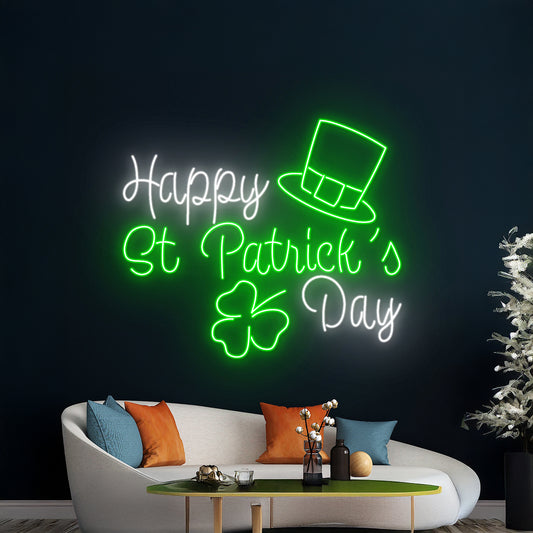 Happy St Patricks Day Hat Shamrock Neon Sign Holiday Room Wall Decor