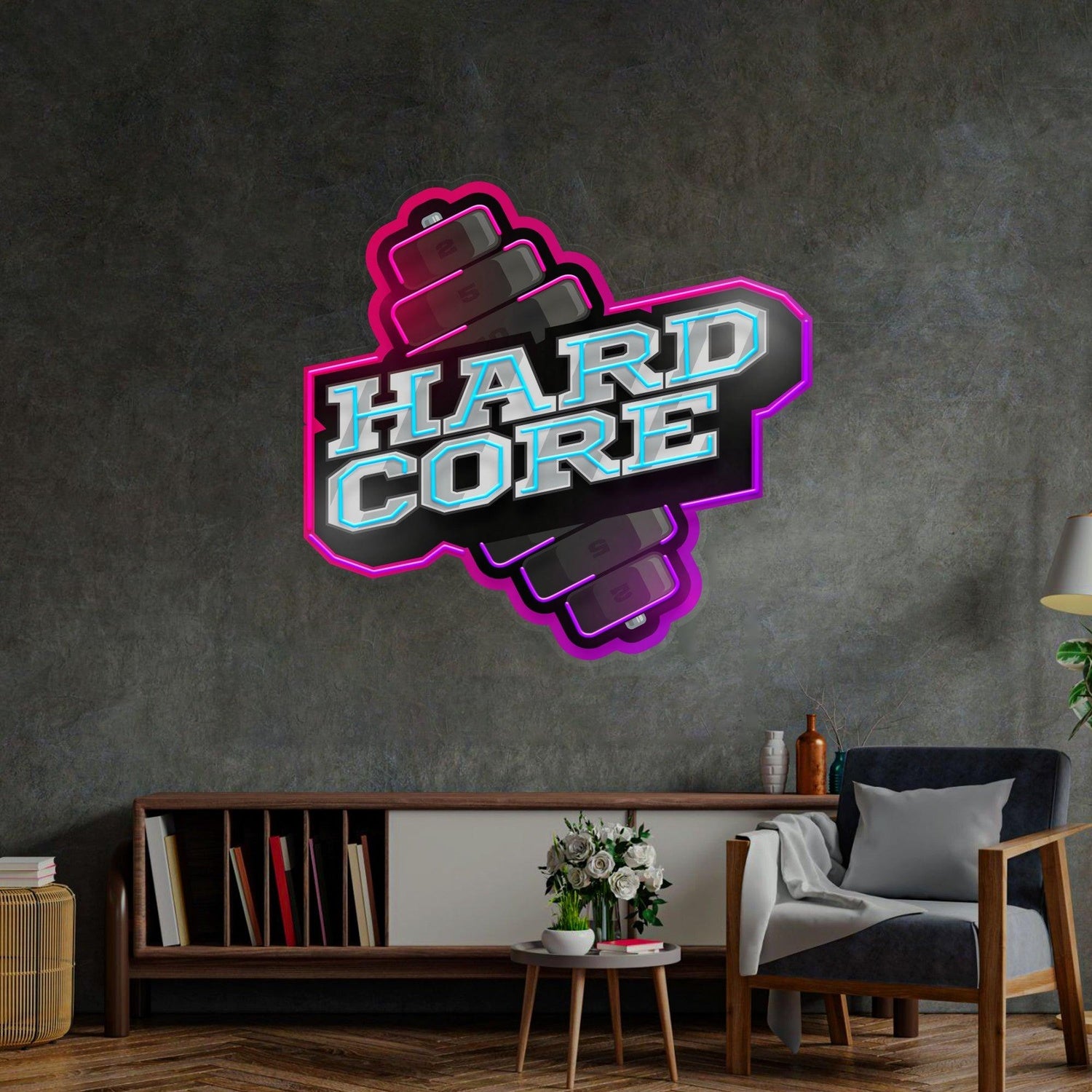 Hardcore Dumbbell Blue-Pink Uv Printed Led Neon Sign For Gym Wall Decor | Shineneon