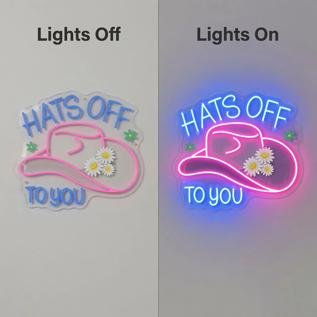 Hats Off To You LED Neon Sign - 06 Day Night Comparison