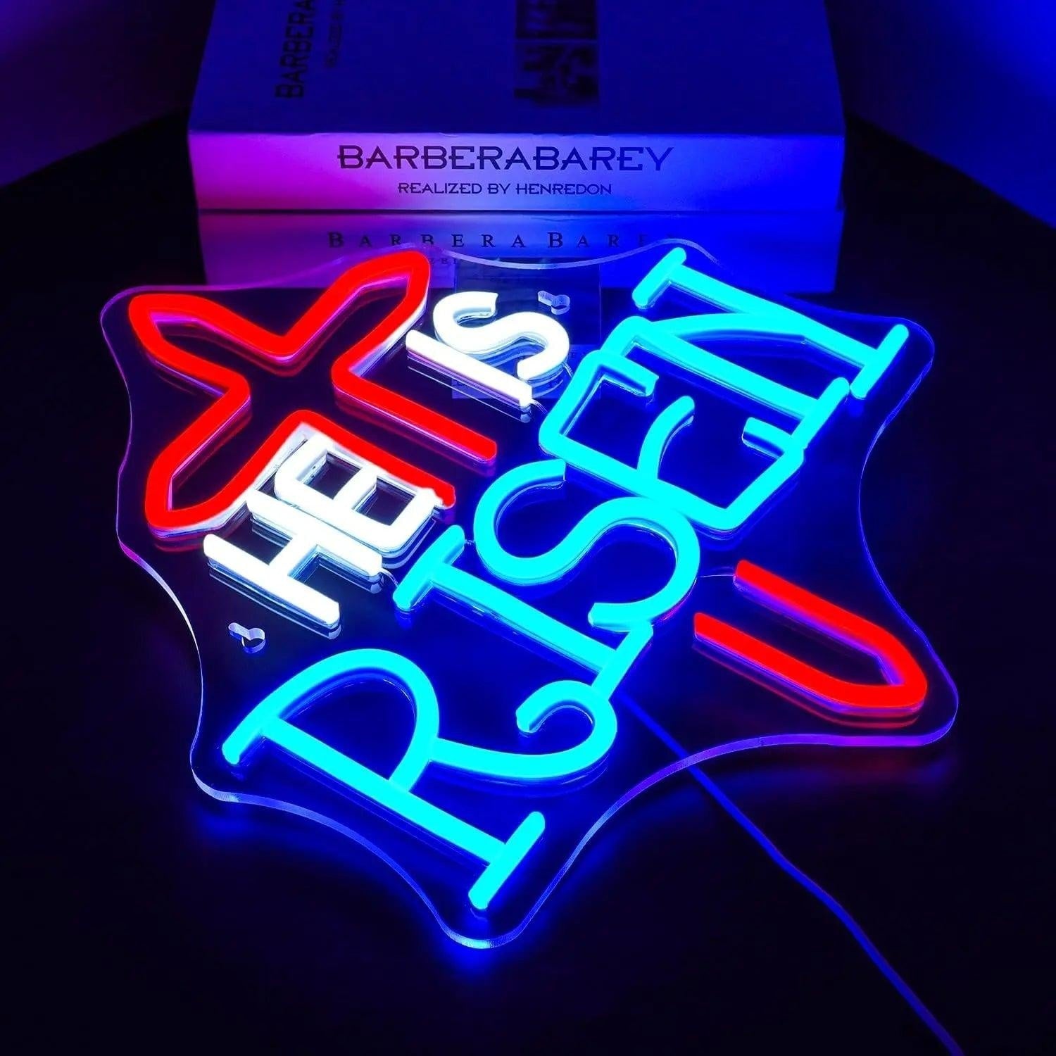 He Is Risen Cross Led Neon Sign Red White Teal Religious Indoor Decor - Shineneon