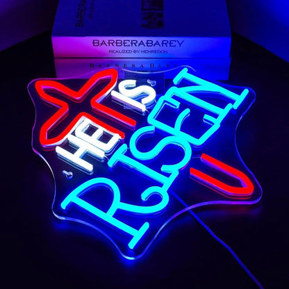 He Is Risen Cross Led Neon Sign Red White Teal Religious Indoor Decor - Shineneon