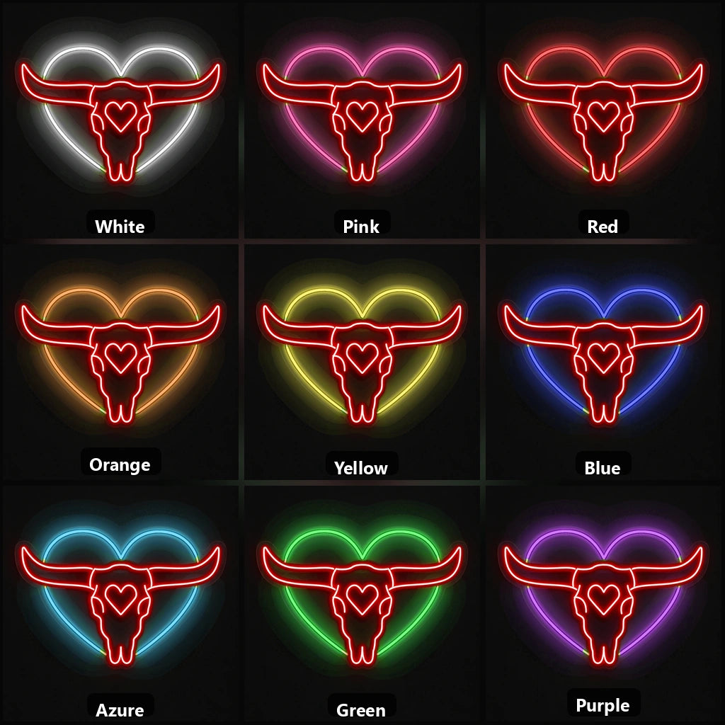 Heart Bull Skull Vintage LED Neon Sign color grid