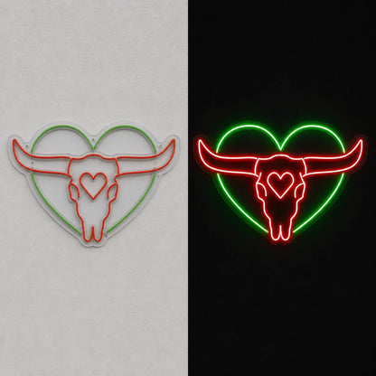 Heart Bull Skull Vintage LED Neon Sign day and night comparison