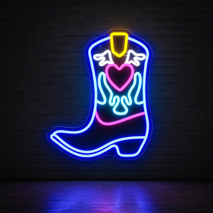 Heart Flame Cowboy Boot Vintage LED Neon Sign size image