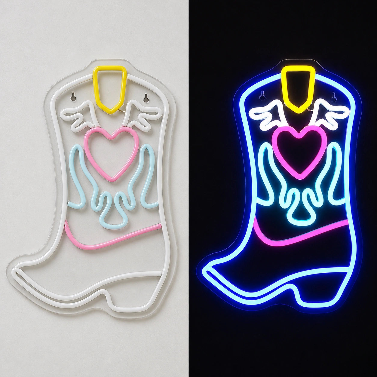 Heart Flame Cowboy Boot Vintage LED Neon Sign day and night comparison