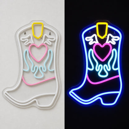 Heart Flame Cowboy Boot Vintage LED Neon Sign day and night comparison