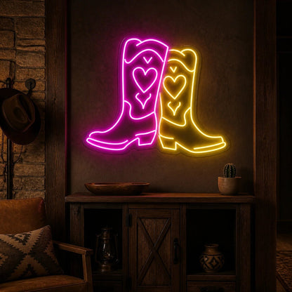 Heart Pattern Pair Cowboy Boots Vintage LED Neon Sign - Shineneon