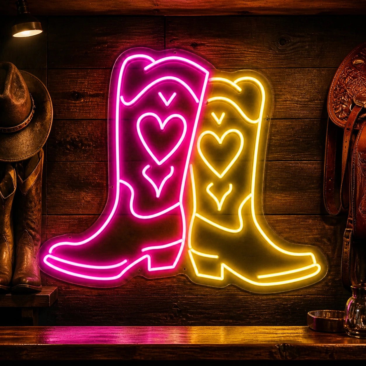 Heart Pattern Pair Cowboy Boots Vintage LED Neon Sign - Shineneon