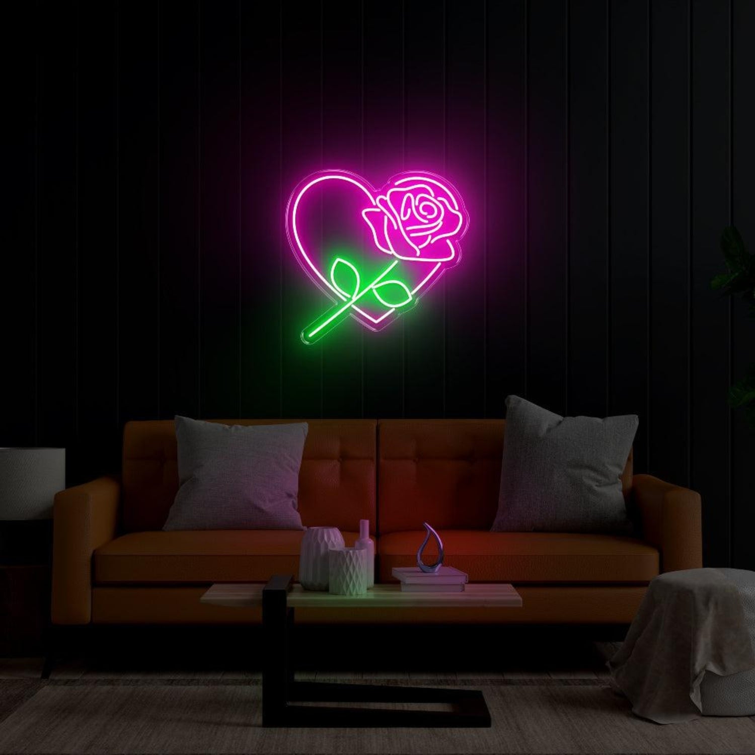 Heart Rose Pink And Green Led Neon Sign For Bedroom Living Room Decor | Shineneon
