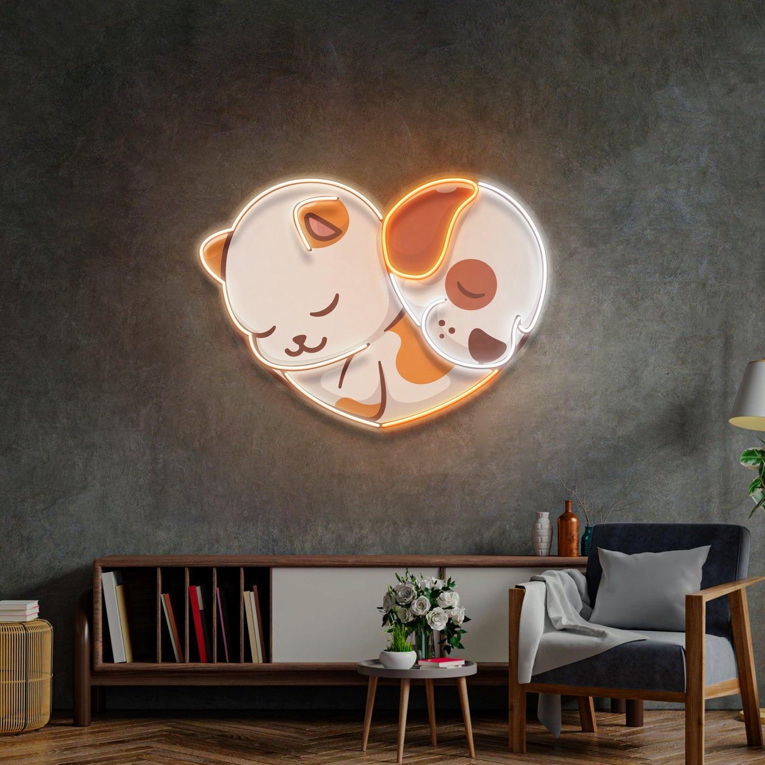 Heart-Shaped Cat Dog Friendship Uv Printed Led Neon Sign For Cozy Room Wall Art | Shineneon