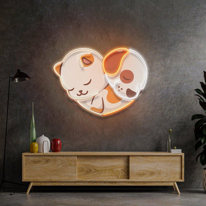 Heart-Shaped Cat Dog Friendship Uv Printed Led Neon Sign For Cozy Room Wall Art | Shineneon