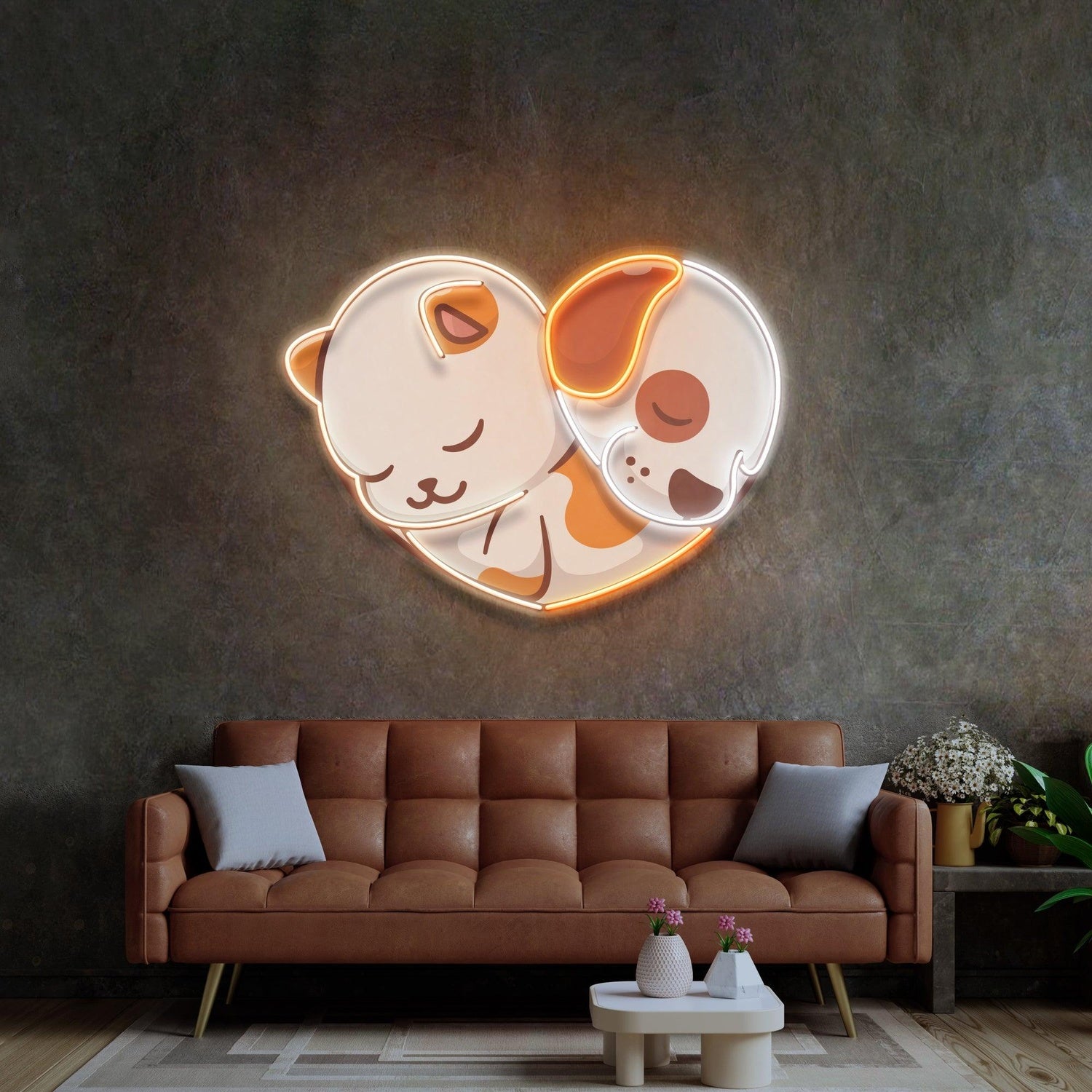 Heart-Shaped Cat Dog Friendship Uv Printed Led Neon Sign For Cozy Room Wall Art | Shineneon
