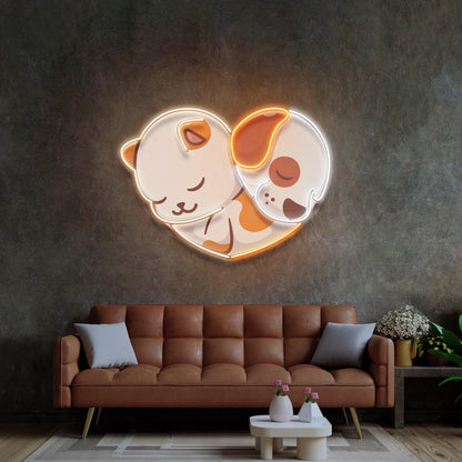 Heart-Shaped Cat Dog Friendship Uv Printed Led Neon Sign For Cozy Room Wall Art | Shineneon
