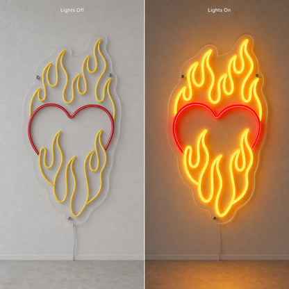 Heart Surrounded By Flames LED Neon Sign day and night comparison