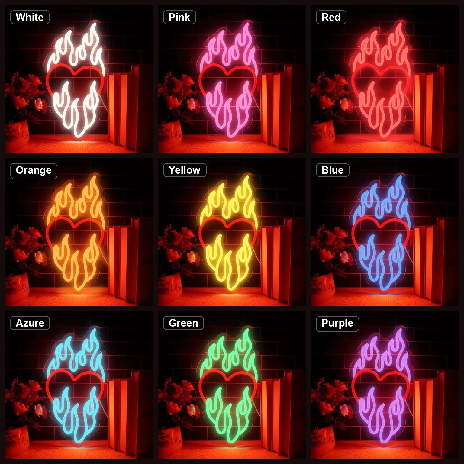 Heart Surrounded By Flames LED Neon Sign Home Garage Wall Decoration color grid