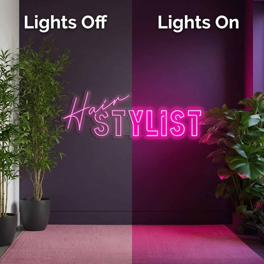 Heist Stylist LED Neon Sign - 06 Day Night Comparison