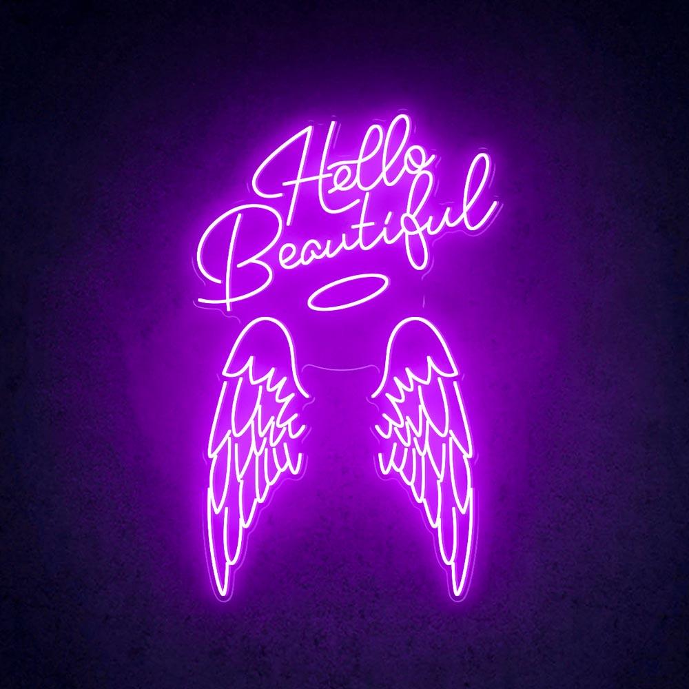 Hello Beautiful Angel Wings White Led Neon Sign For Salon Home Decor | Shineneon