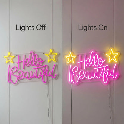 Hello Beautiful LED Neon Sign Home Wall Art - 06 Day Night Comparison