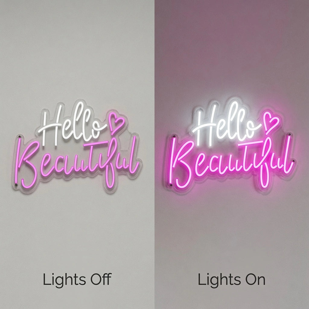 Hello Beautiful LED Neon Sign Wall Neon Sign - 06 Day Night Comparison