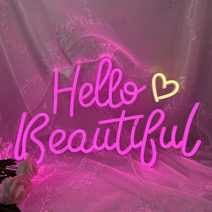 Hello Beautiful White Pink Heart Led Neon Sign Usb - Powered Home Bedroom Decor - Shineneon