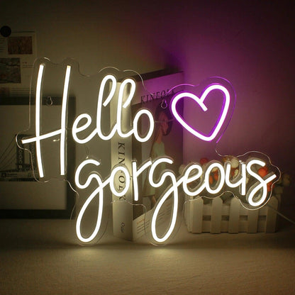 Hello Beautiful White Pink Heart Led Neon Sign Usb - Powered Home Bedroom Decor - Shineneon