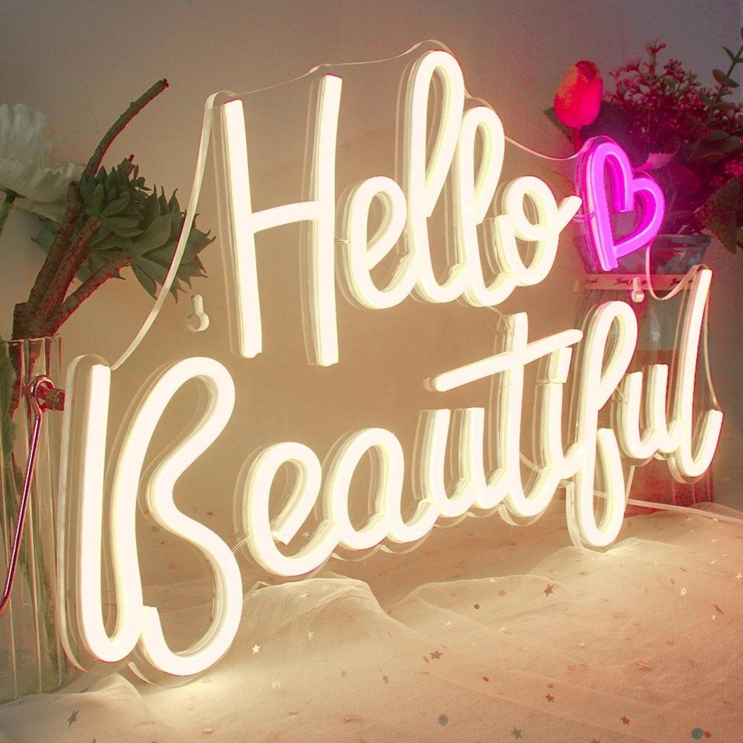 Hello Beautiful White Pink Heart Led Neon Sign Usb - Powered Home Bedroom Decor - Shineneon