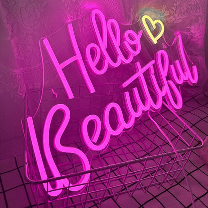 Hello Beautiful White Pink Heart Led Neon Sign Usb-Powered Home Bedroom Decor | Shineneon