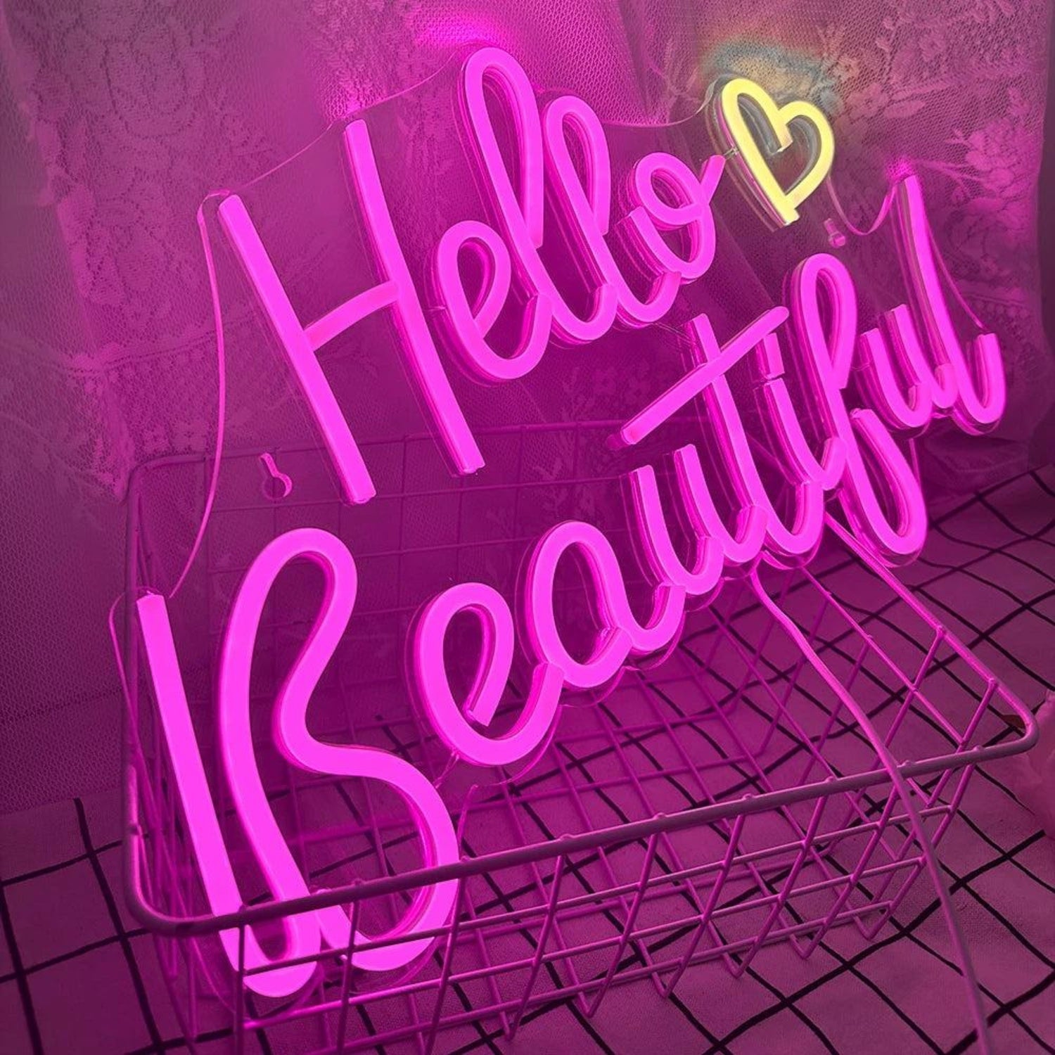 Hello Beautiful White Pink Heart Led Neon Sign Usb - Powered Home Bedroom Decor - Shineneon