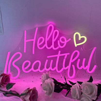 Hello Beautiful White Pink Heart Led Neon Sign Usb - Powered Home Bedroom Decor - Shineneon