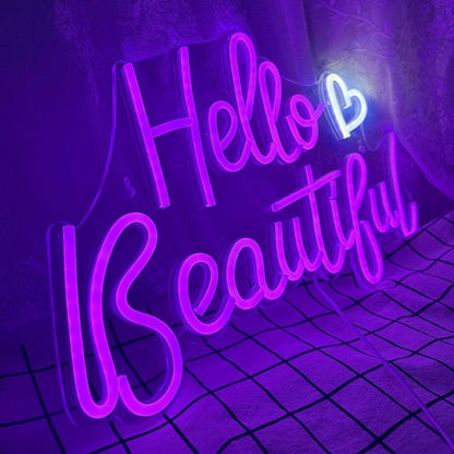 Hello Beautiful White Pink Heart Led Neon Sign Usb - Powered Home Bedroom Decor - Shineneon