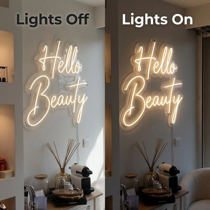 Hello Beauty Business LED Neon Sign - 06 Day Night Comparison