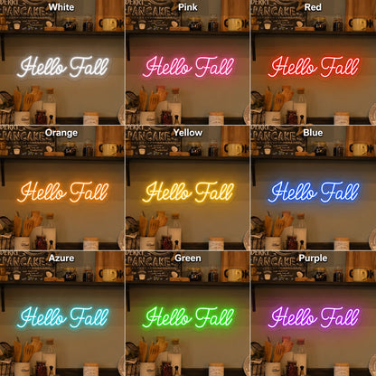 Hello Fall Text LED Neon Sign day and night comparison
