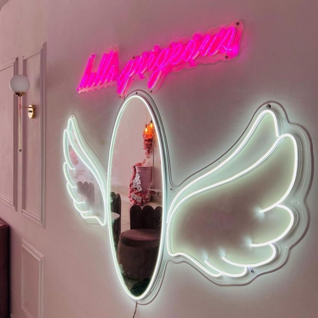 Hello Gorgeous Angel Wings Mirror Led Sign Business Neon Sign - Shineneon