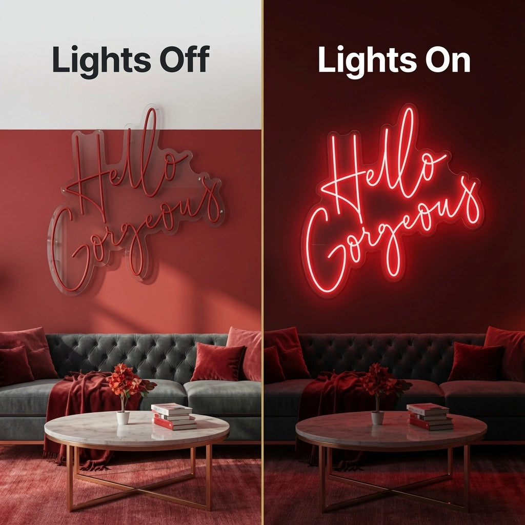 Hello Gorgeous Cafe Wall Art LED Neon Sign - 06 Day Night Comparison