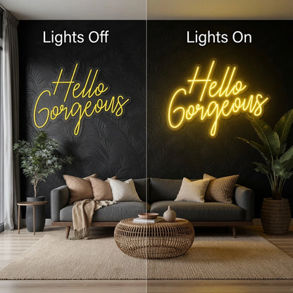 Hello Gorgeous Cafe Wall Decor LED Neon Sign - 06 Day Night Comparison