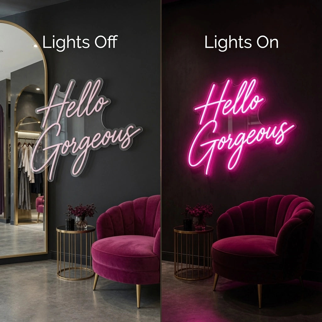 Hello Gorgeous LED Neon Sign Bedroom Decor Wall Neon Sign - 06 Day Night Comparison