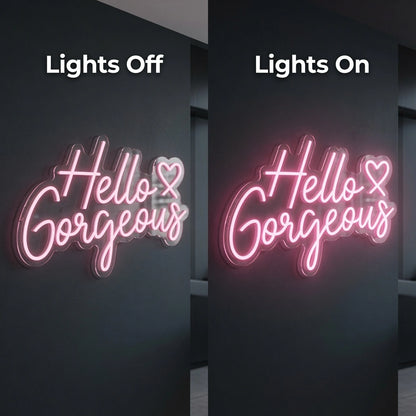 Hello Gorgeous LED Neon Sign Living Room Decor - 06 Day Night Comparison