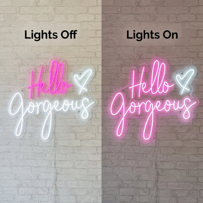 Hello Gorgeous LED Neon Sign Wall Art - 06 Day Night Comparison