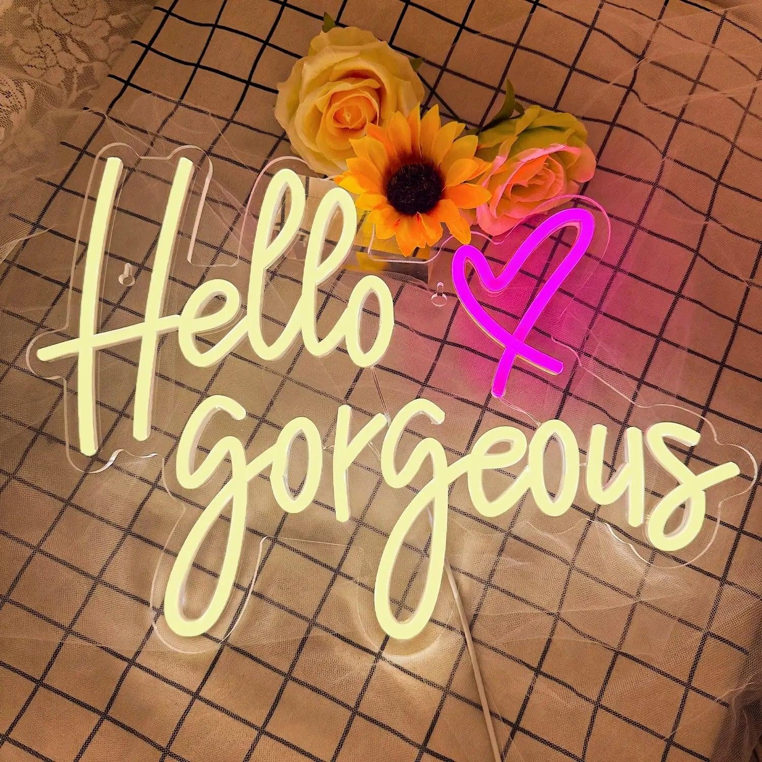 Hello Gorgeous Pink White Script Led Neon Sign For Bedroom Party Decor - Shineneon