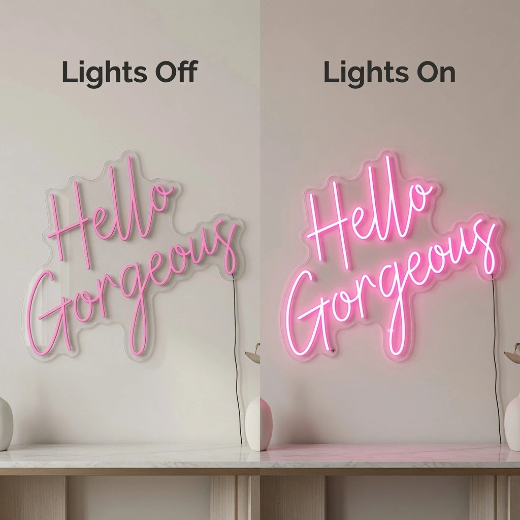 Hello Gorgeous Room Decor LED Neon Sign - 06 Day Night Comparison
