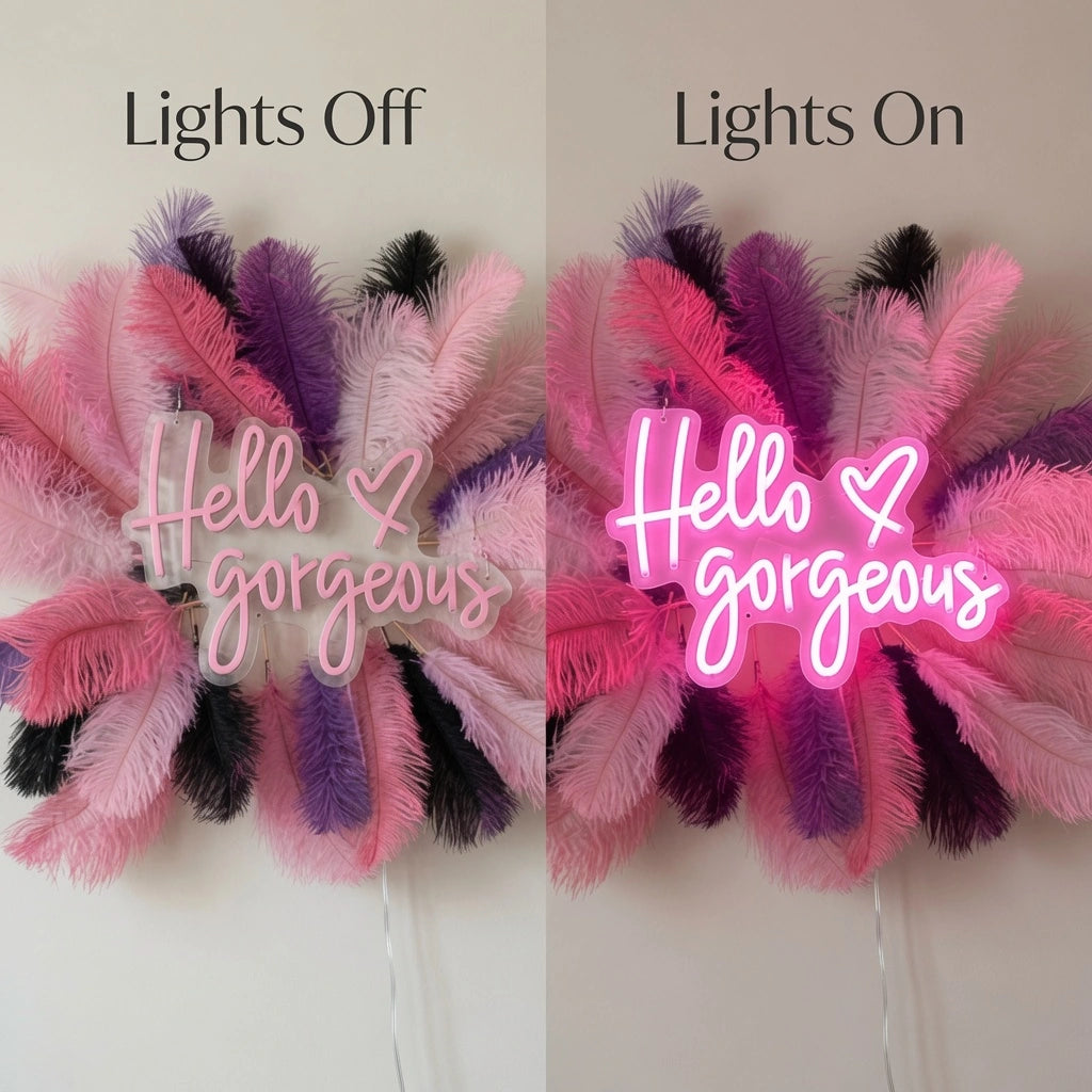 Hello Gorgeous Salon Wall Decor LED Neon Sign - 06 Day Night Comparison