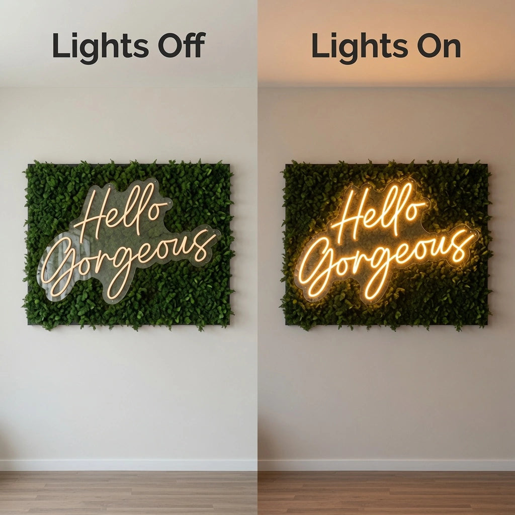 Hello Gorgeous Store Wall Decor LED Neon Sign - 06 Day Night Comparison
