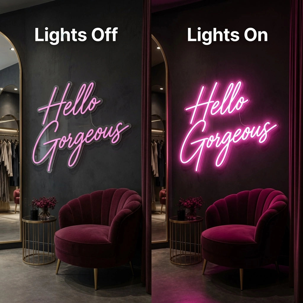Hello Gorgeous Wall Art LED Neon Sign - 06 Day Night Comparison