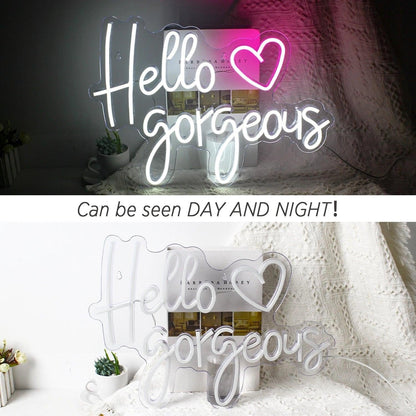 Hello Gorgeous White Purple Heart Led Neon Sign For Room Decor - Shineneon