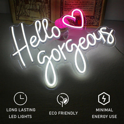 Hello Gorgeous White Purple Heart Led Neon Sign For Room Decor - Shineneon