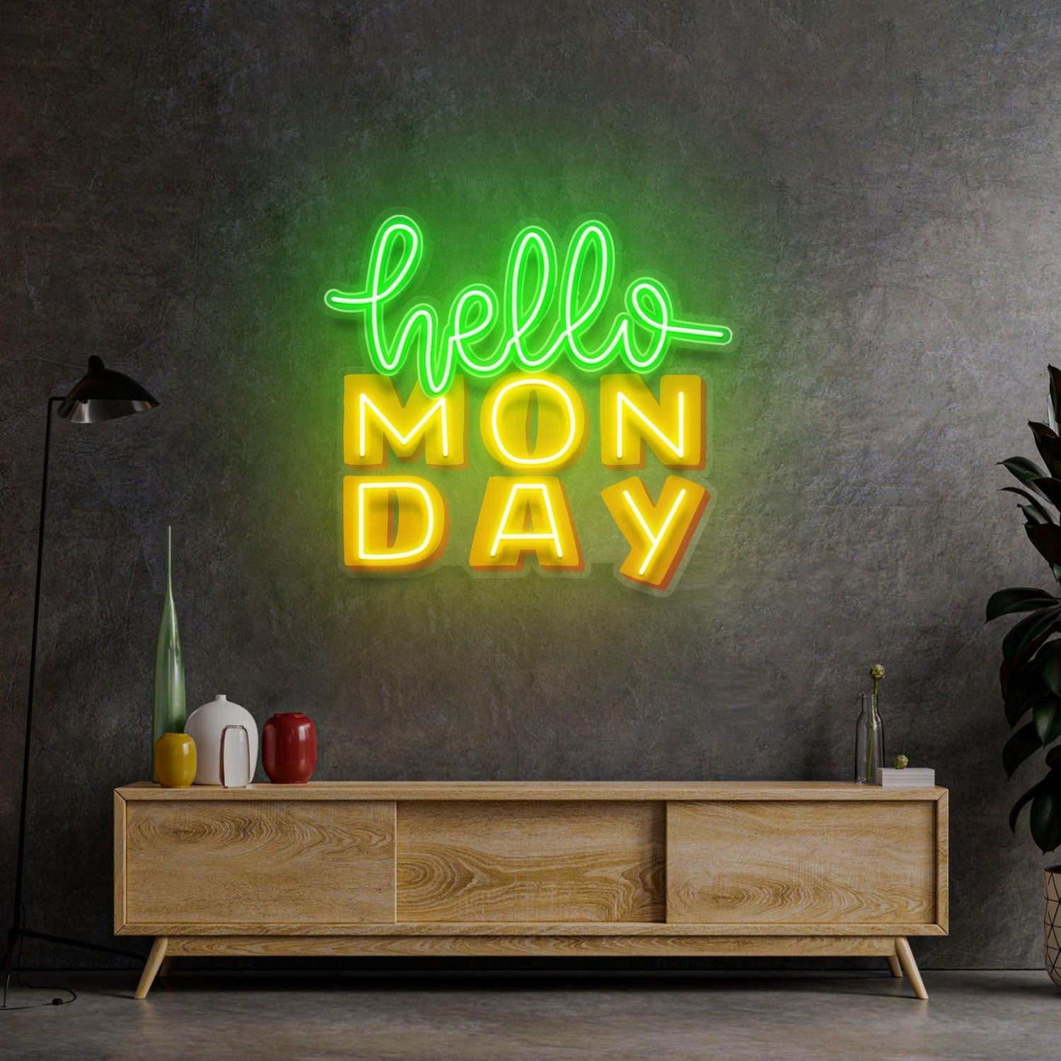 Hello Monday Uv Printed Led Neon Sign Green Yellow Home Wall Decor | Shineneon